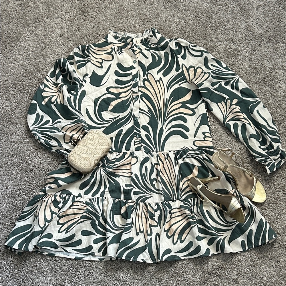 TCEC Cream and Dark Green Abstract Print Dress